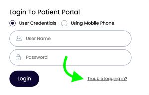 Forgot Username, login page, patient portal