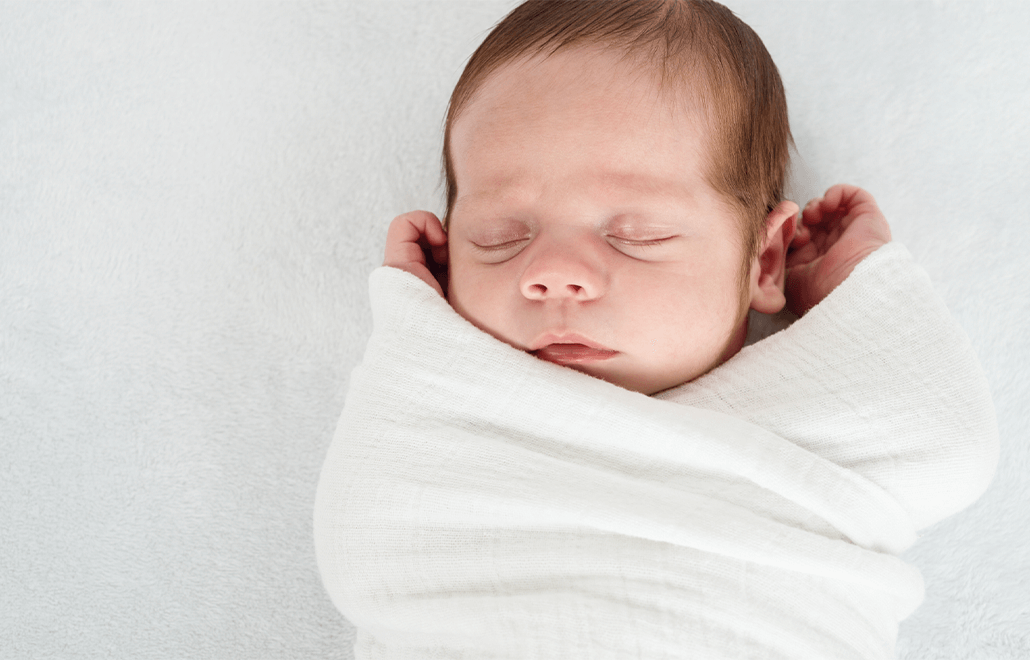 A tiny newborn, swaddled warmly in a soft blanket, sleeps peacefully.