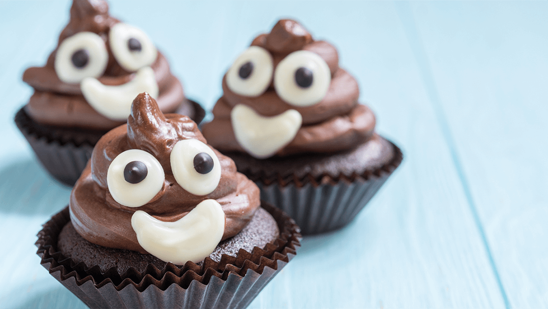 Brown Face Emoji Chocolate Cup Cakes - representing baby poop concerns for new parents